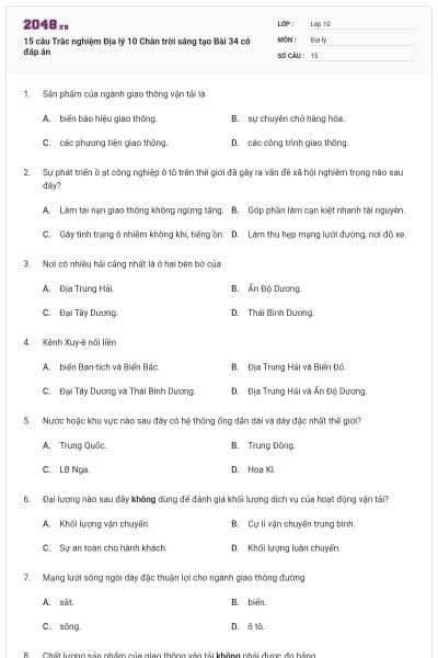 15 câu Trắc nghiệm Địa lý 10 Chân trời sáng tạo Bài 34 có đáp án