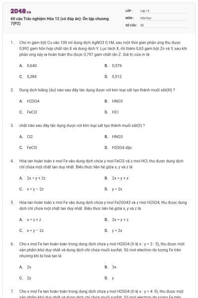60 câu Trắc nghiệm Hóa 12 (có đáp án): Ôn tập chương 7(P2)