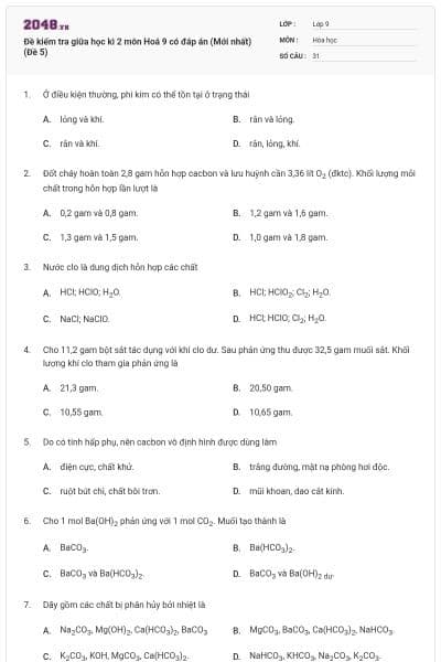 Đề kiểm tra giữa học kì 2 môn Hoá 9 có đáp án (Mới nhất) (Đề 5)