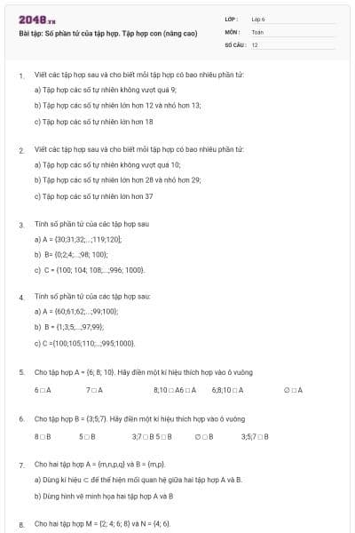 Bài tập: Số phần tử của tập hợp. Tập hợp con (nâng cao)
