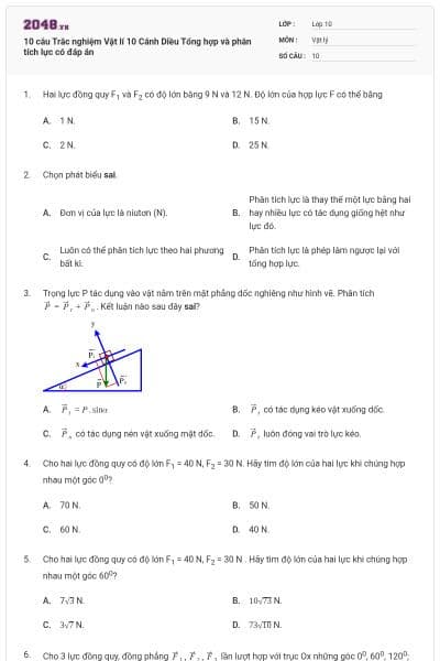 10 câu Trắc nghiệm Vật lí 10 Cánh Diều Tổng hợp và phân tích lực có đáp án