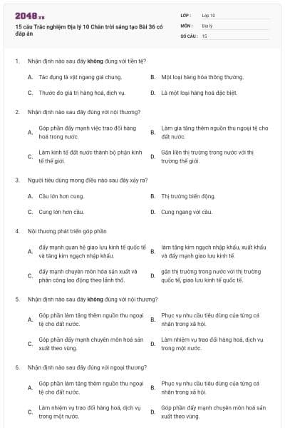 15 câu Trắc nghiệm Địa lý 10 Chân trời sáng tạo Bài 36 có đáp án