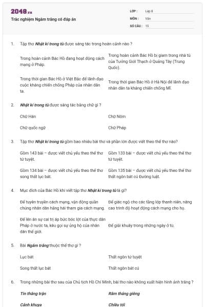 Trắc nghiệm Ngắm trăng có đáp án