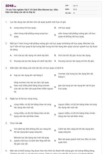 10 câu Trắc nghiệm Vật lí 10 Cánh Diều Momen lực. Điều kiện cân bằng của vật có đáp án