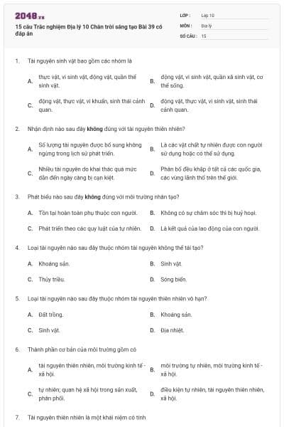 15 câu Trắc nghiệm Địa lý 10 Chân trời sáng tạo Bài 39 có đáp án