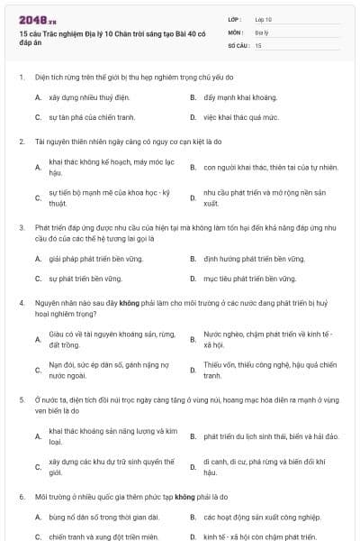 15 câu Trắc nghiệm Địa lý 10 Chân trời sáng tạo Bài 40 có đáp án