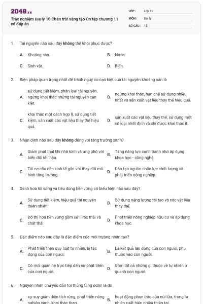 Trắc nghiệm Địa lý 10 Chân trời sáng tạo Ôn tập chương 11 có đáp án