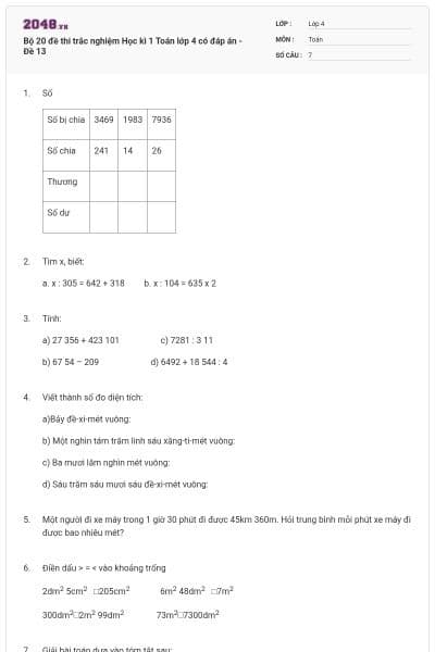 Bộ 20 đề thi trắc nghiệm Học kì 1 Toán lớp 4 có đáp án - Đề 13
