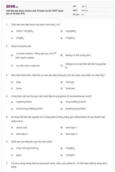 260 Bài tập Amin, Amino axit, Protein ôn thi THPT Quốc gia có lời giải (P3)