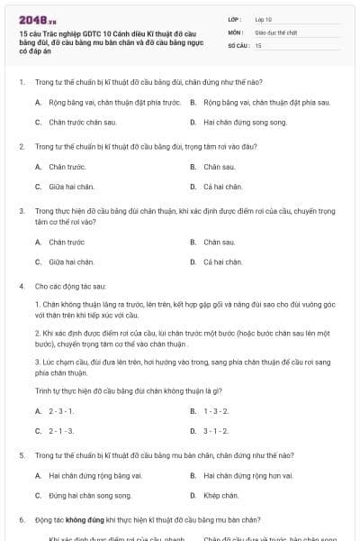 15 câu Trắc nghiệp GDTC 10 Cánh diều Kĩ thuật đỡ cầu bằng đùi, đỡ cầu bằng mu bàn chân và đỡ cầu bằng ngực có đáp án