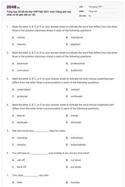 Tổng hợp 30 Đề thi thử THPTQG 2021 môn Tiếng anh hay nhất có lời giải (Đề số 18)
