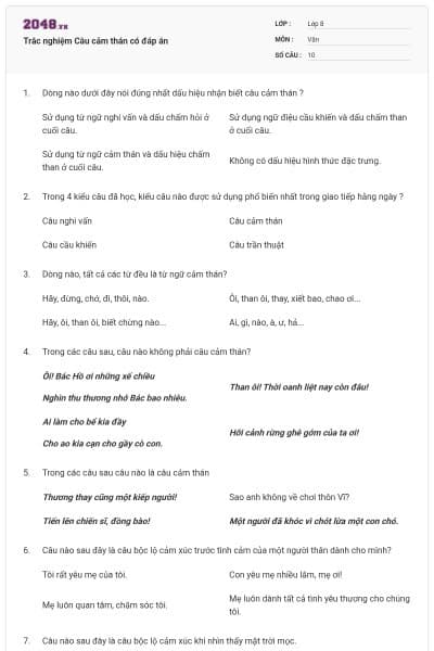 Trắc nghiệm Câu cảm thán có đáp án