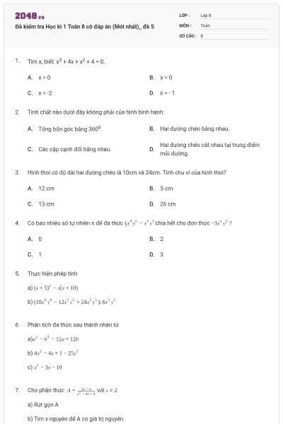 Đề kiểm tra Học kì 1 Toán 8 có đáp án (Mới nhất)_ đề 5