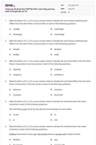 Tổng hợp 30 Đề thi thử THPTQG 2021 môn Tiếng anh hay nhất có lời giải (Đề số 19)