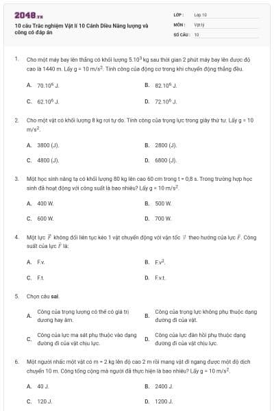 10 câu Trắc nghiệm Vật lí 10 Cánh Diều Năng lượng và công có đáp án