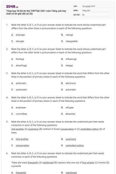 Tổng hợp 30 Đề thi thử THPTQG 2021 môn Tiếng anh hay nhất có lời giải (Đề số 20)