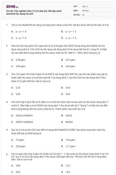 20 câu Trắc nghiệm Hóa 12 (có đáp án): Bài tập muối aluminat tác dụng với axit