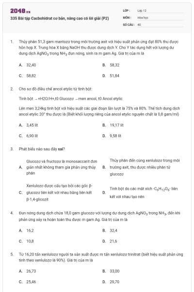 335 Bài tập Cacbohidrat cơ bản, nâng cao có lời giải (P2)