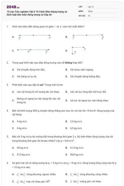 10 câu Trắc nghiệm Vật lí 10 Cánh Diều Động lượng và định luật bảo toàn động lượng có đáp án