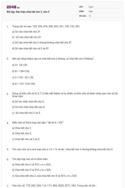 Bài tập: Dấu hiệu chia hết cho 2, cho 5