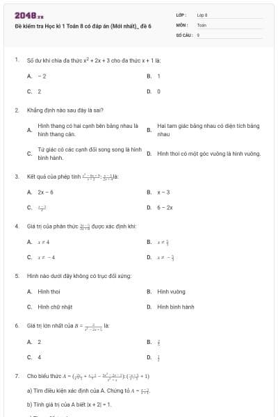 Đề kiểm tra Học kì 1 Toán 8 có đáp án (Mới nhất)_ đề 6