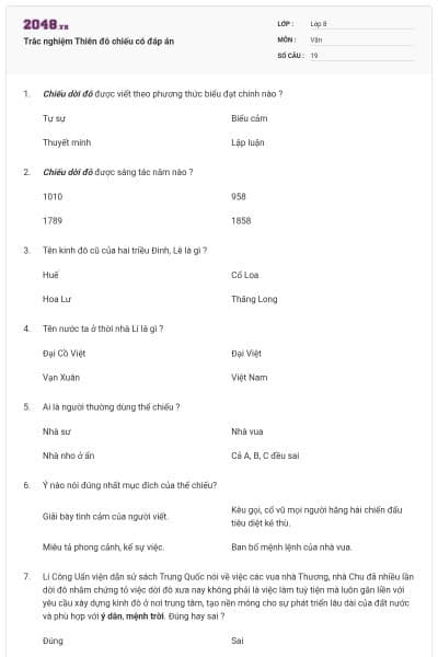 Trắc nghiệm Thiên đô chiếu có đáp án