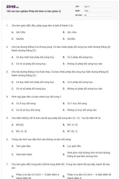 100 câu trắc nghiệm Phép dời hình cơ bản (phần 3)