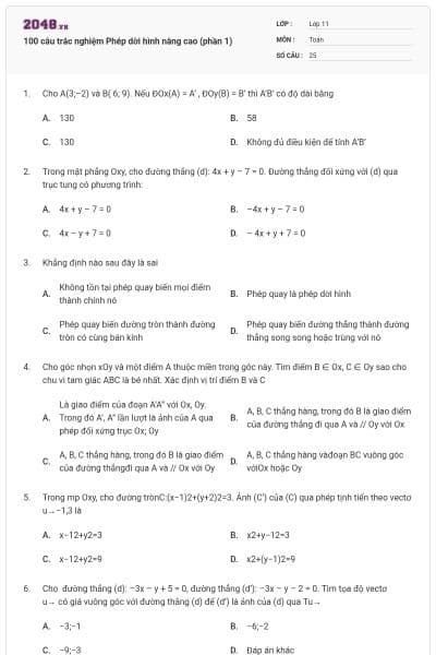 100 câu trắc nghiệm Phép dời hình nâng cao (phần 1)
