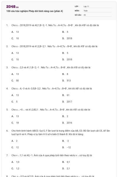 100 câu trắc nghiệm Phép dời hình nâng cao (phần 4)