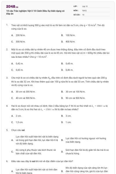 10 câu Trắc nghiệm Vật lí 10 Cánh Diều Sự biến dạng có đáp án