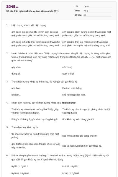 30 câu trắc nghiệm khúc xạ ánh sáng cơ bản (P1)