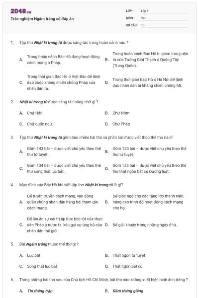 Trắc nghiệm Ngắm trăng có đáp án