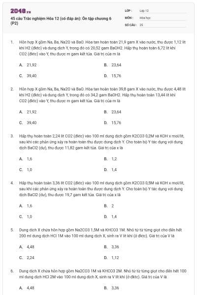 45 câu Trắc nghiệm Hóa 12 (có đáp án): Ôn tập chương 6 (P2)