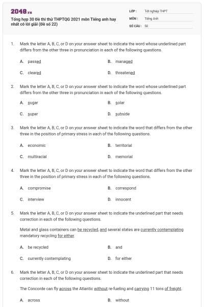 Tổng hợp 30 Đề thi thử THPTQG 2021 môn Tiếng anh hay nhất có lời giải (Đề số 22)