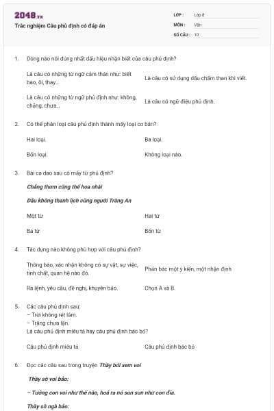 Trắc nghiệm Câu phủ định có đáp án