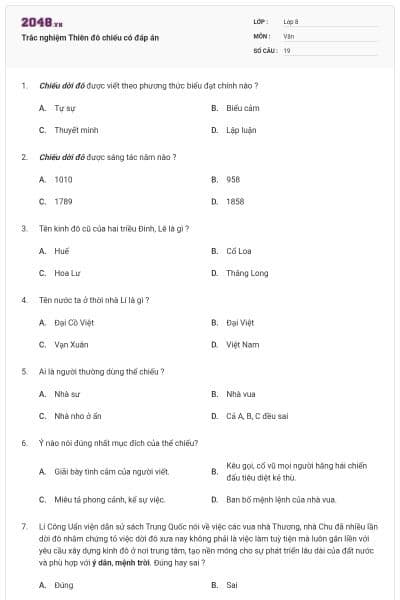 Trắc nghiệm Thiên đô chiếu có đáp án