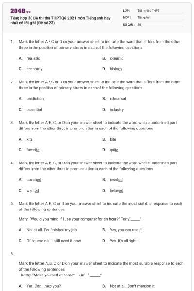 Tổng hợp 30 Đề thi thử THPTQG 2021 môn Tiếng anh hay nhất có lời giải (Đề số 23)