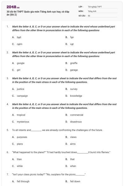 30 đề thi THPT Quốc gia môn Tiếng Anh cực hay, có đáp án (Đề 2)