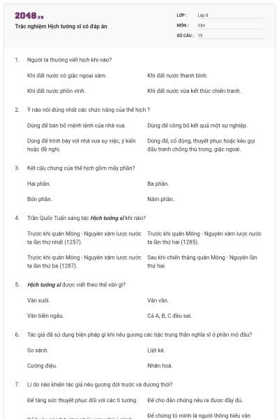 Trắc nghiệm Hịch tướng sĩ có đáp án