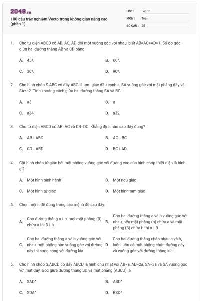 100 câu trắc nghiệm Vecto trong không gian nâng cao (phần 1)