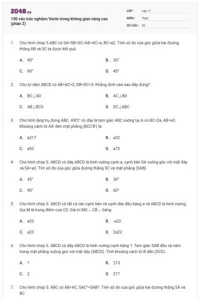 100 câu trắc nghiệm Vecto trong không gian nâng cao (phần 2)