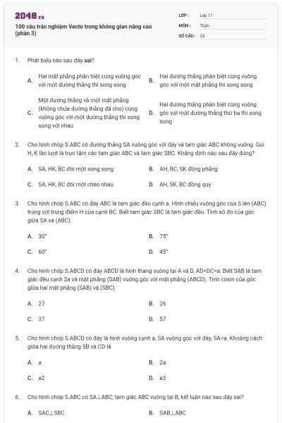 100 câu trắc nghiệm Vecto trong không gian nâng cao (phần 3)