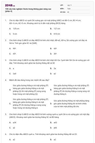 100 câu trắc nghiệm Vecto trong không gian nâng cao (phần 4)