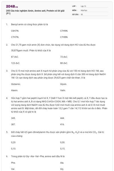 205 Câu trắc nghiệm Amin, Amino axit, Protein có lời giải (P1)