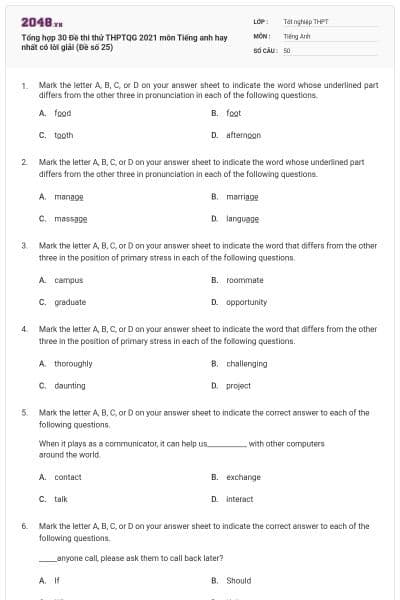 Tổng hợp 30 Đề thi thử THPTQG 2021 môn Tiếng anh hay nhất có lời giải (Đề số 25)