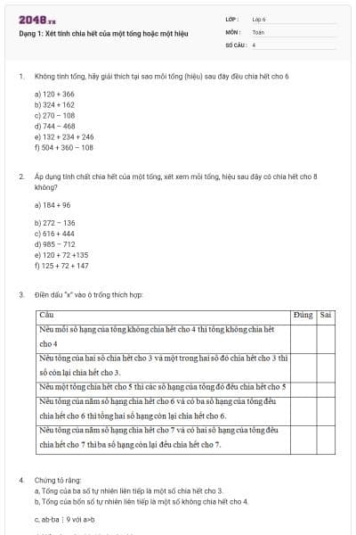 Dạng 1: Xét tính chia hết của một tổng hoặc một hiệu