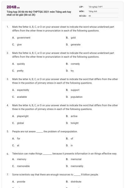 Tổng hợp 30 Đề thi thử THPTQG 2021 môn Tiếng anh hay nhất có lời giải (Đề số 26)