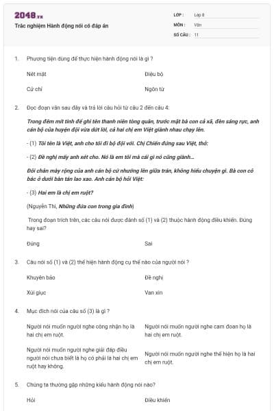 Trắc nghiệm Hành động nói có đáp án