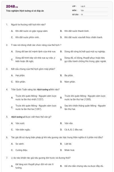 Trắc nghiệm Hịch tướng sĩ có đáp án