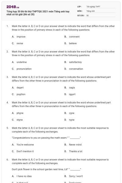 Tổng hợp 30 Đề thi thử THPTQG 2021 môn Tiếng anh hay nhất có lời giải (Đề số 28)